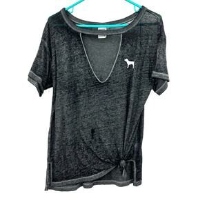 PINK Victoria's Secret Size XS Shirt Gray Tie Front Open V Neck‎ Keyhole Tee